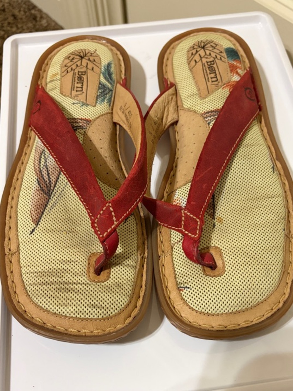 Born Red Leather Toe-Post Sandals with Beige Footbed